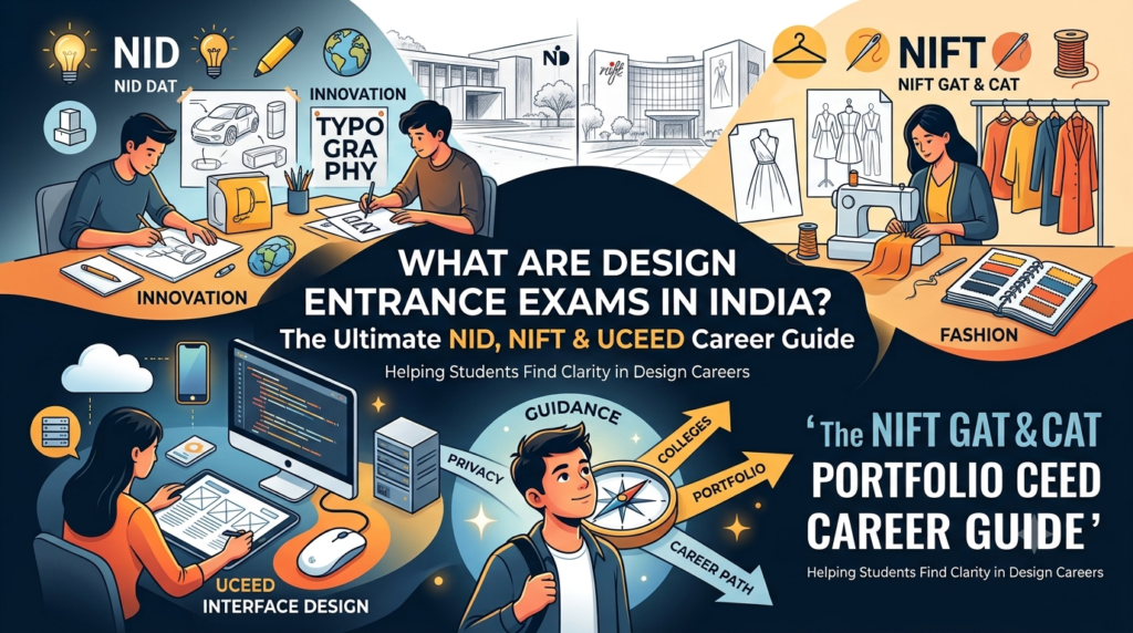 A detailed infographic illustrating NID, NIFT, and UCEED design entrance exams in India with career guidance sections.
