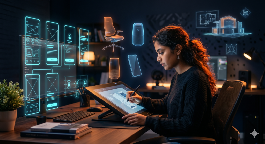 A modern Indian design student working on digital UI/UX interfaces, representing the high scope and salary of a professional design career in India.
