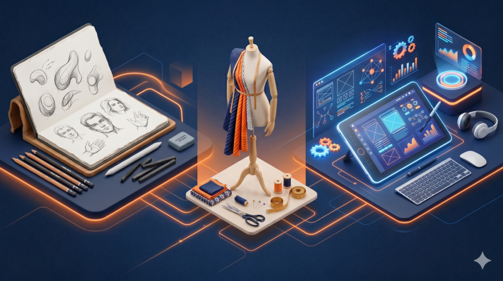 A visual comparison of NID, NIFT, and UCEED design entrance exams showing sketching tools, a fashion mannequin, and a digital tech tablet.