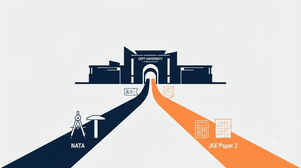CEPT University B.Arch admission pathway showing NATA and JEE Paper 2 acceptance criteria