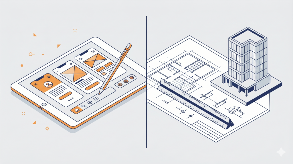 Illustration showing digital design wireframes next to architectural blueprints, comparing B.Des and B.Arch careers.