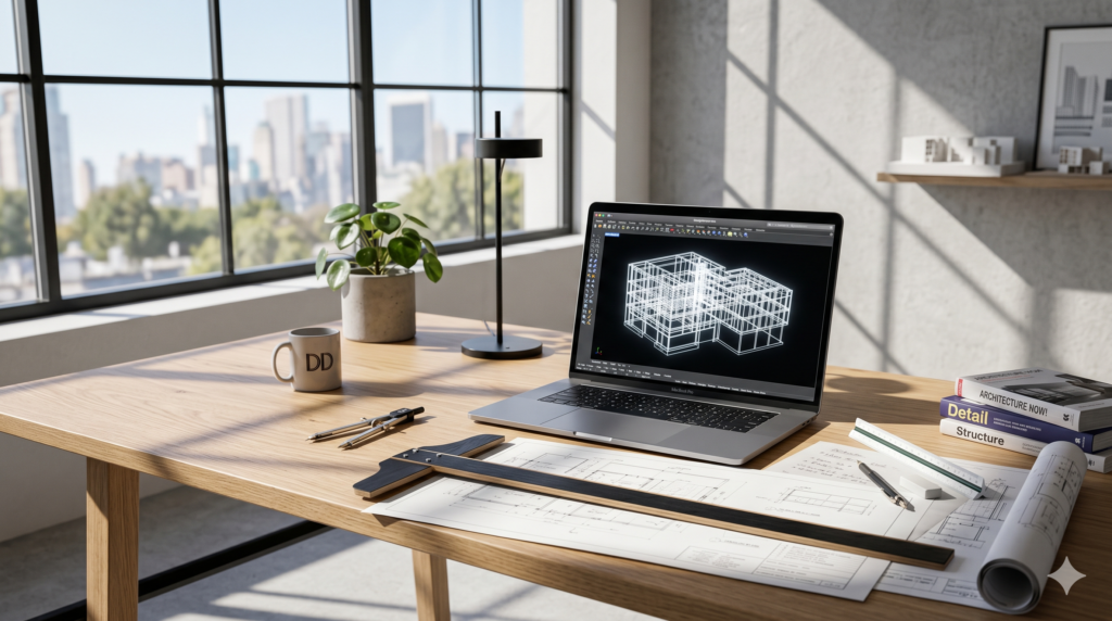 A structured architectural workspace with drafting tools and blueprints, representing the logical preparation required for NATA and JEE Paper 2 exams.