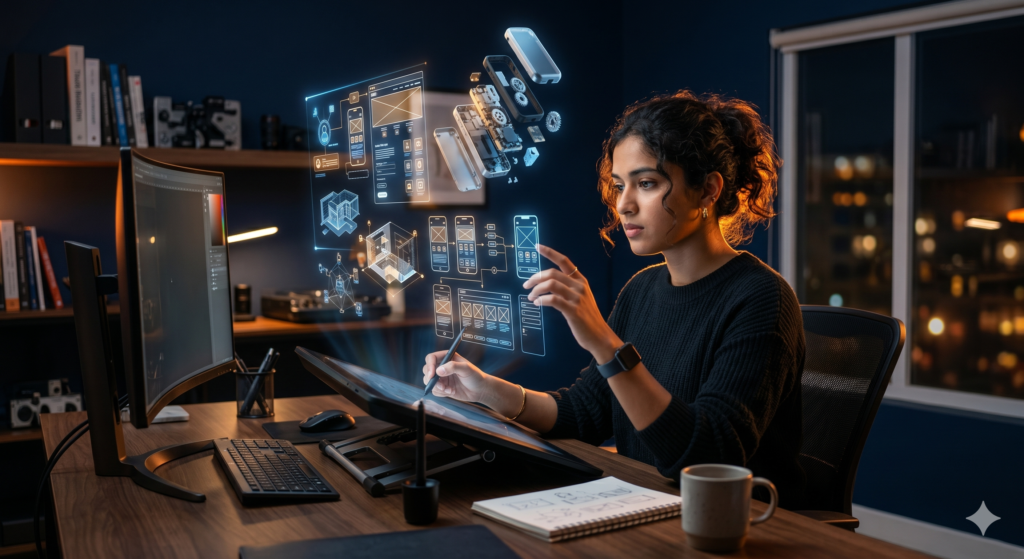 A focused Indian design student analyzing floating holographic UI/UX and spatial logic diagrams, representing preparation for the UCEED entrance exam.