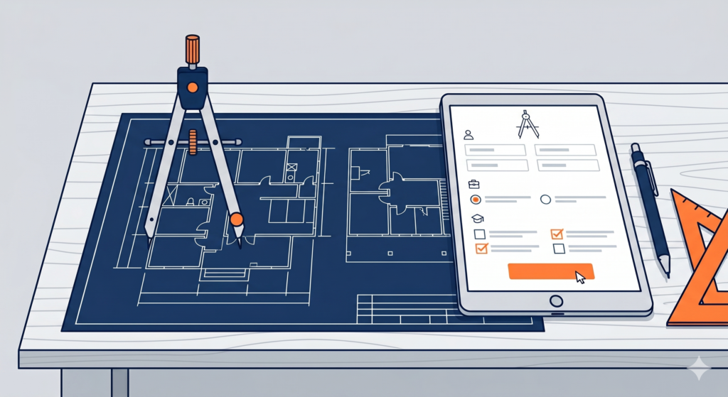 Digital tablet displaying the NATA 2026 application form on an architecture desk with blueprints and a drafting compass.
