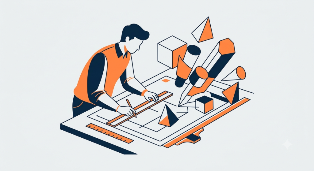 Premium modern flat vector illustration of an architecture student drafting on a desk with abstract 3D geometric shapes. Minimalist academic style, using primary colors Deep Navy (#0A1F38) and Accent Orange (#FF8C42) on a light grey background.