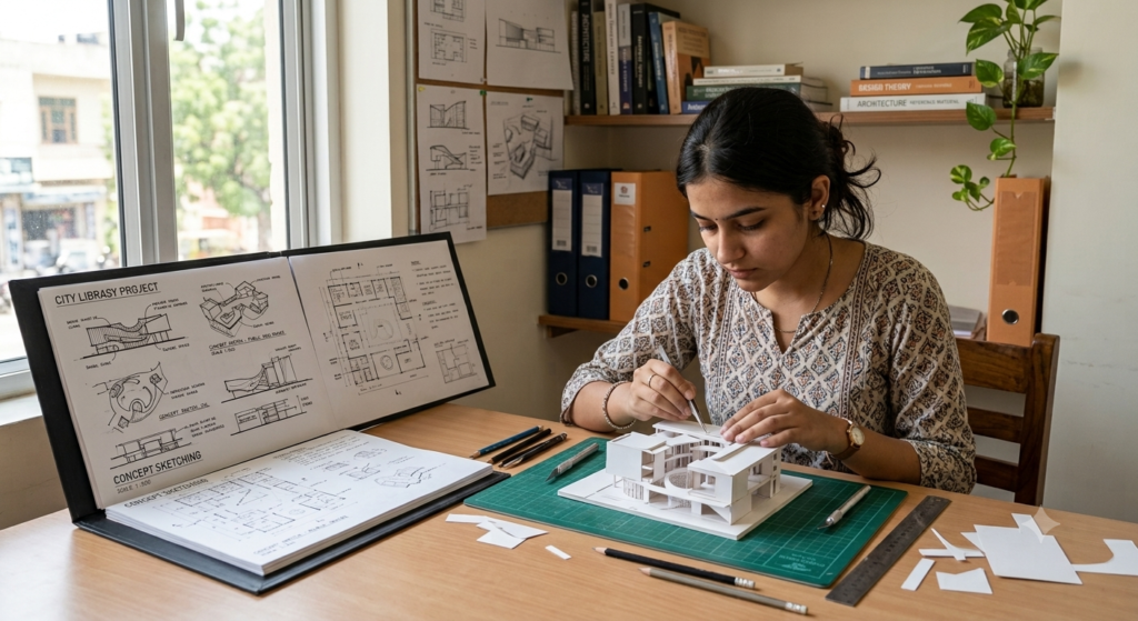 Indian design student building a 3D paper model and reviewing a sketch portfolio for NIFT Situation Test and NID Round 2 preparation.