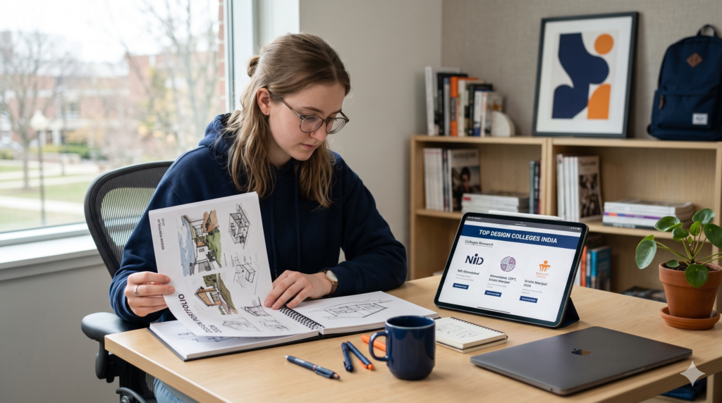 Student researching the best private design colleges in India with a physical portfolio.