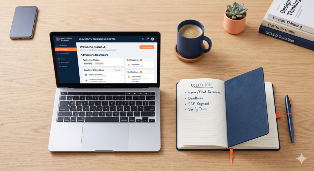 An overhead photograph of a wooden desk featuring an open laptop displaying a 'University Admissions Portal' screen. Next to it is a navy blue notebook with handwritten notes about UCEED 2026, a blue pen, a mug of coffee, a succulent plant, and a stack of books on Design Thinking.