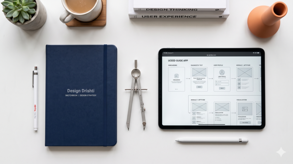An overhead flat lay photograph of a minimalist white desk featuring a navy blue sketchbook, a silver drafting compass, and a tablet displaying a wireframe design.