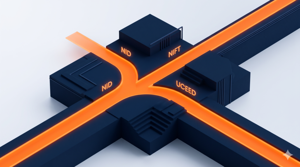Abstract 3D roadmap in navy blue and orange showing the strategic career start for NID, NIFT, and UCEED 2027 aspirants.