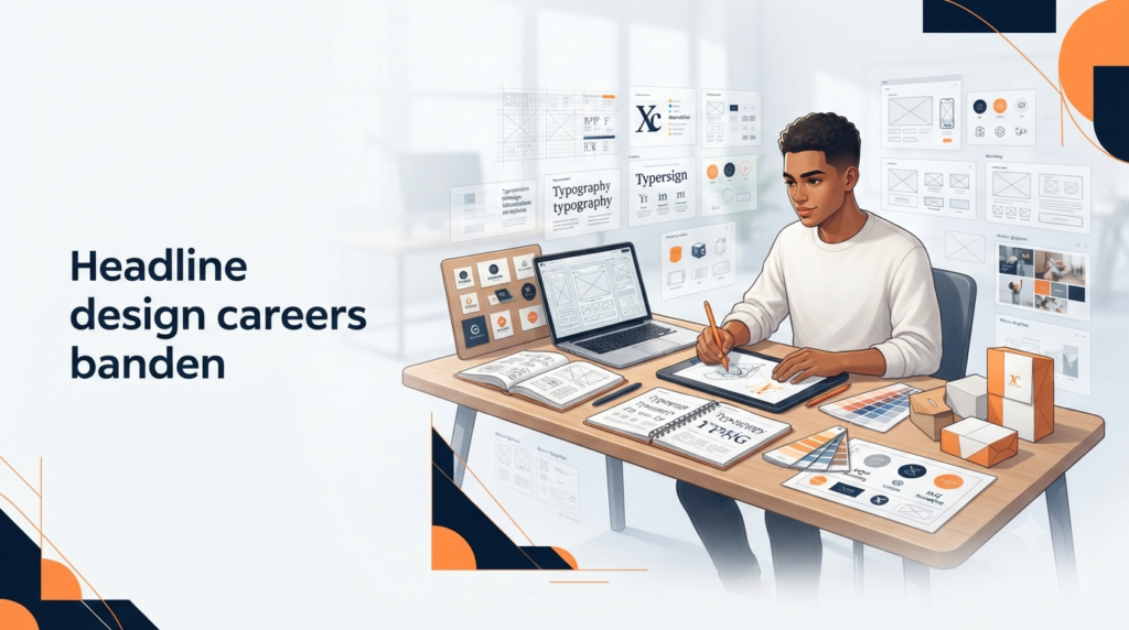 Communication Design career guide showing a design student working on branding, UI/UX, typography, and visual communication projects.