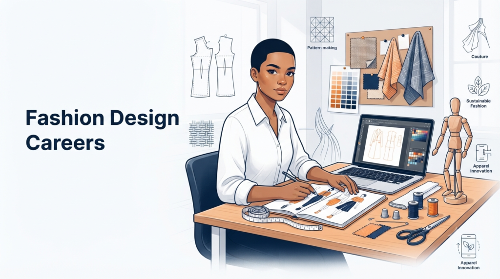 Fashion Design career guide showing a student working on fashion sketches, fabric swatches, garment design, and apparel development.