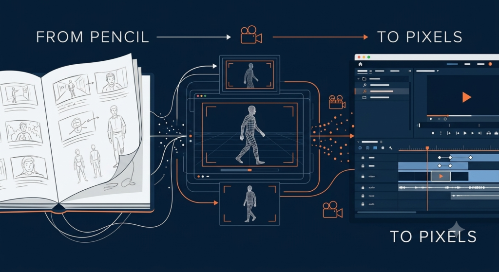 Conceptual illustration of animation and filmmaking workflow showing storyboards, digital keyframes, and camera viewfinders in navy and orange.