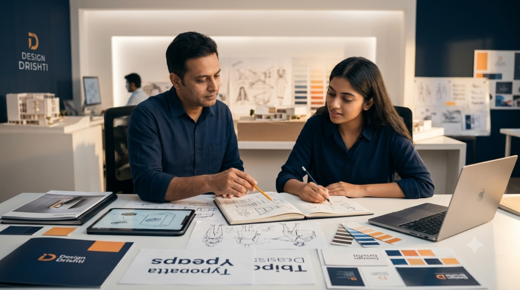 A focused mentor guiding an Indian design aspirant during a 1-on-1 session at a modern studio desk with design portfolios and sketchboards.