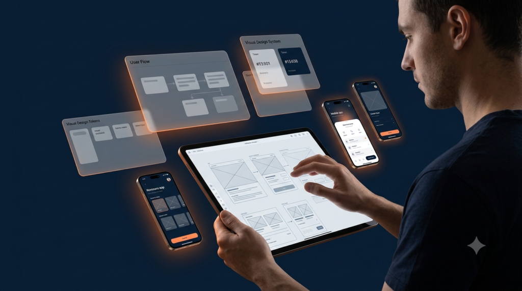 A student designer sketching wireframes and digital user flow diagrams on a tablet with UI/UX component overlays.