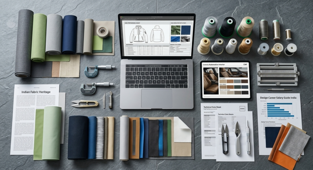 A modern textile design workspace showcasing sustainable fabrics, digital tech packs, and precise thread spools on a grey surface.