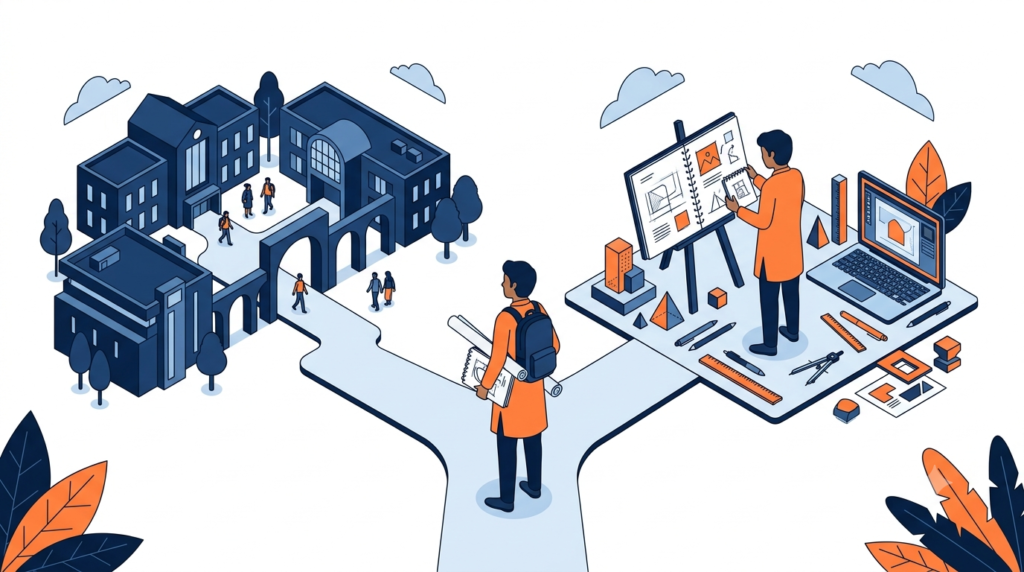 Isometric illustration of a design student at a fork between a college building and self-built portfolio work, representing whether a design college decides your career